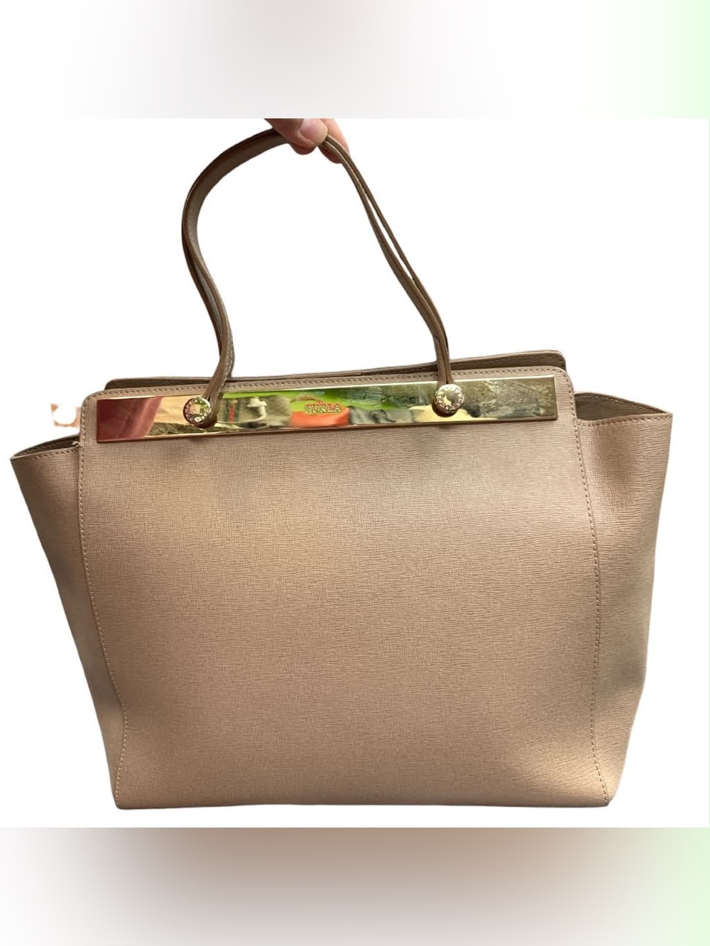 Furla Women’s Structured Tote Bag in Beige with Gold Accent